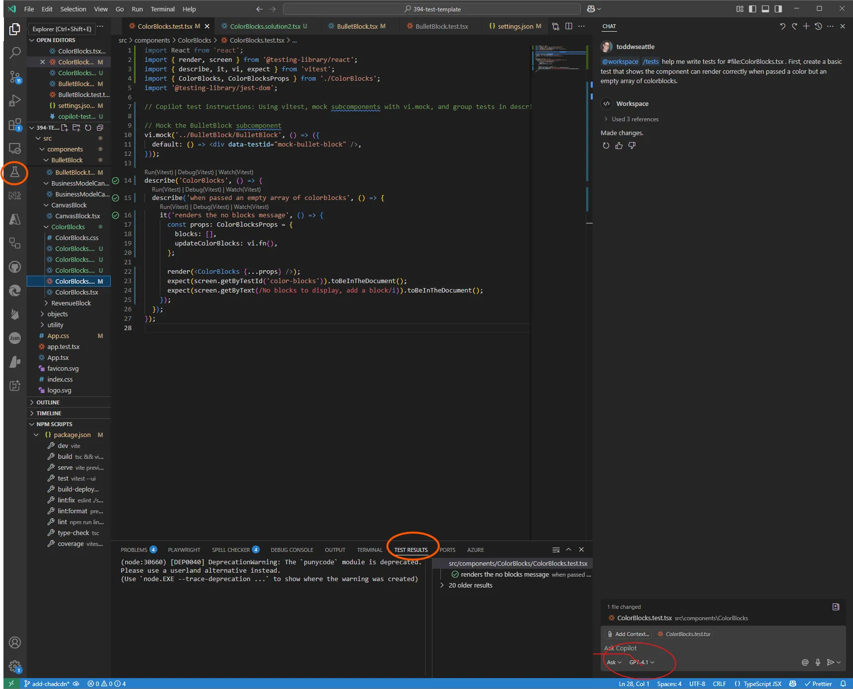VS Code with copilot, vitest extension and react component